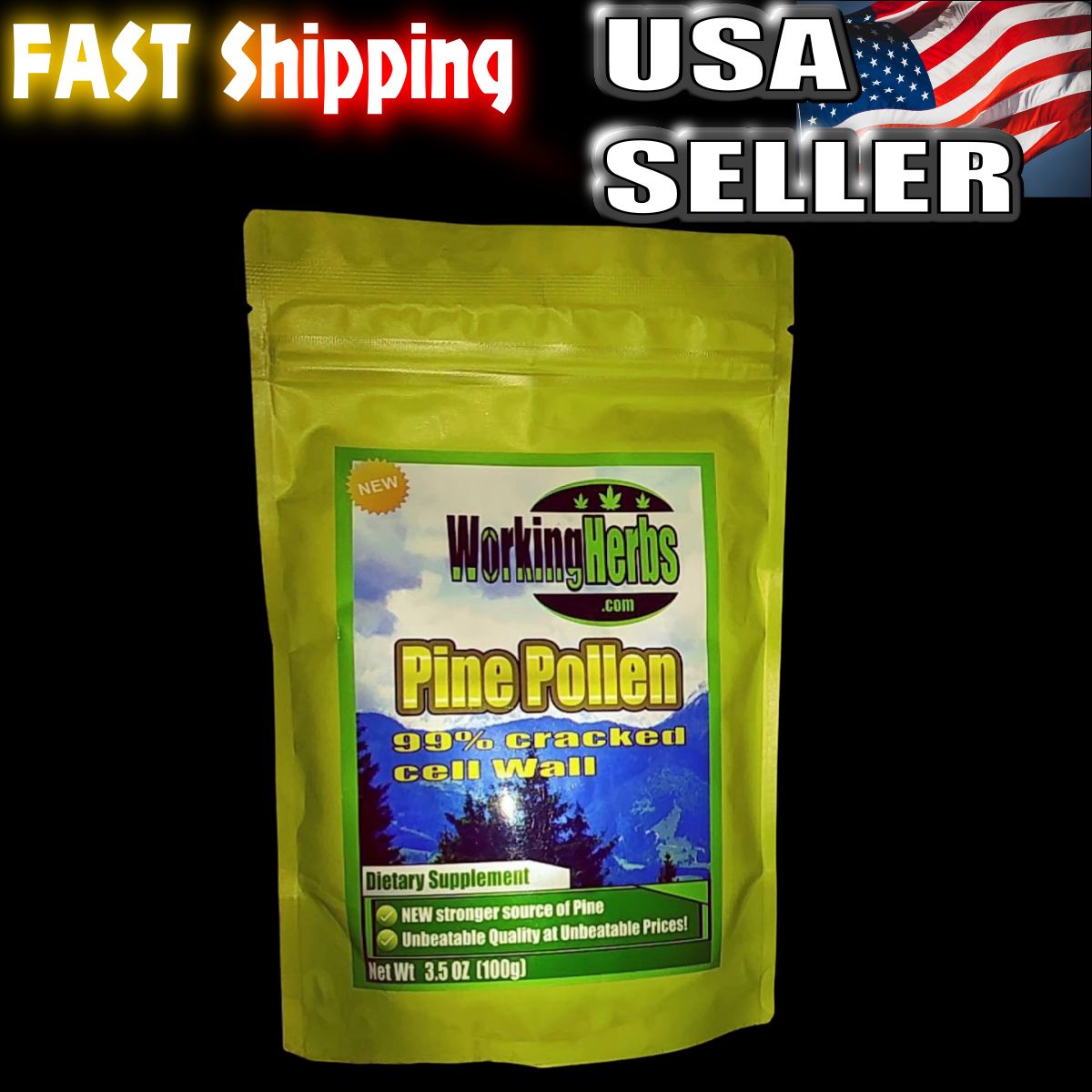 Pine Pollen Powder 100g (3.5 oz) bag 99% Broken Cracked Cell Wall (wild harvested) Organic Testosterone BOOSTER!